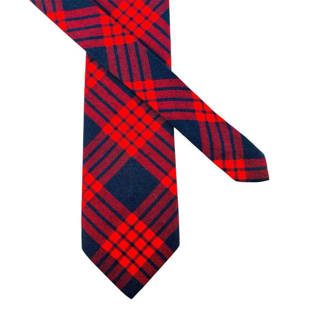 Tartan Plaid Neck Tie Bright Cherry Red & Midnight Navy Skinny Tie Short